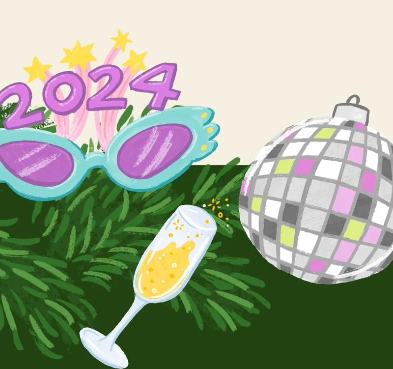 Stylish 2024 glasses, a champagne glass, and a disco ball