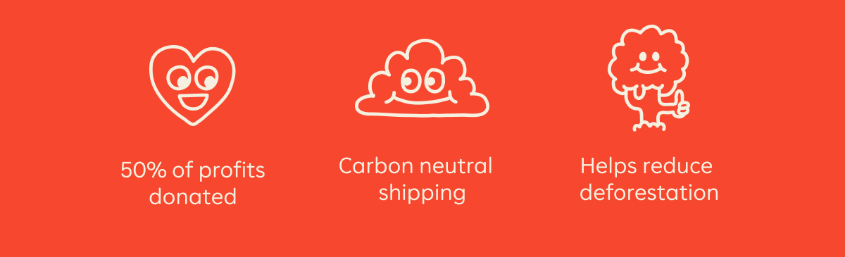 50% of profits donated. Carbon neutral shipping. Helps reduce deforestation.