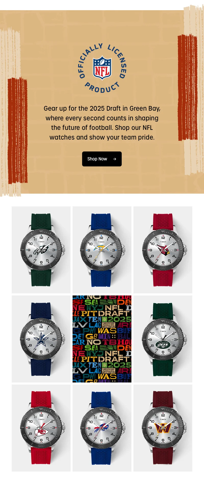 OFFICIALLY LICENSED PRODUCT - NFL | Gear up for the 2025 Draft in Green Bay,  wher every second counts in shaping the future of football. Shop our NFL watches and show your team pride. | Shop Now
