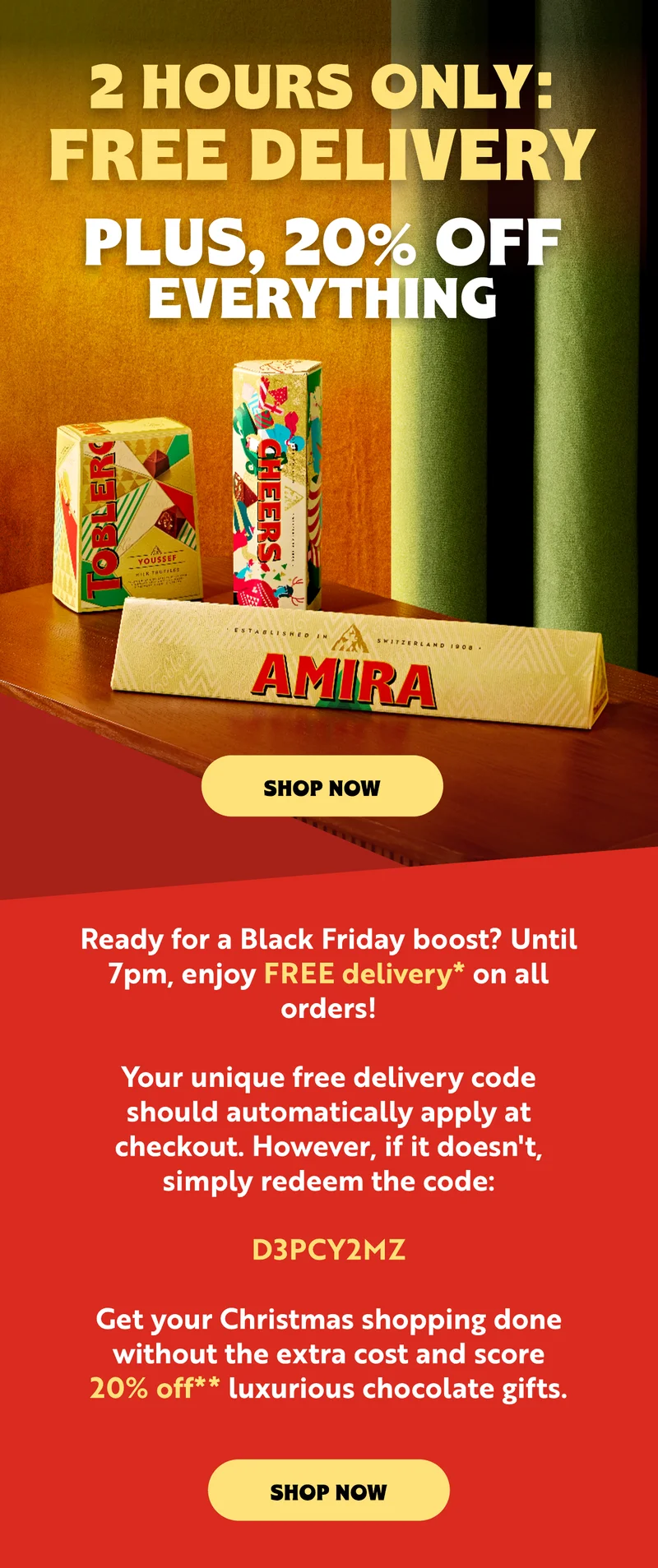 BLACK FRIDAY HAS LANDED AT TOBLERONE  20% OFF EVERYTHING  It’s finally here! Our Black Friday sale is live, and the sweetest deals of the year are waiting for you.   Stock up on indulgent chocolate gifts and personalised favourites at prices too good to miss.