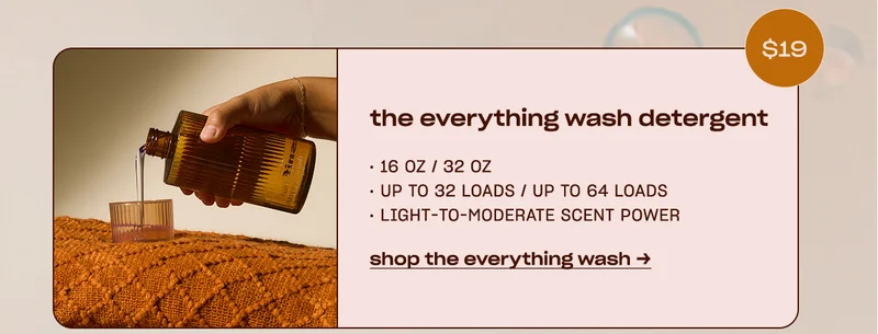 the everything wash detergent [badge: $19] • 16 oz / 32 oz • up to 32 loads / up to 64 loads • light-to-moderate scent power