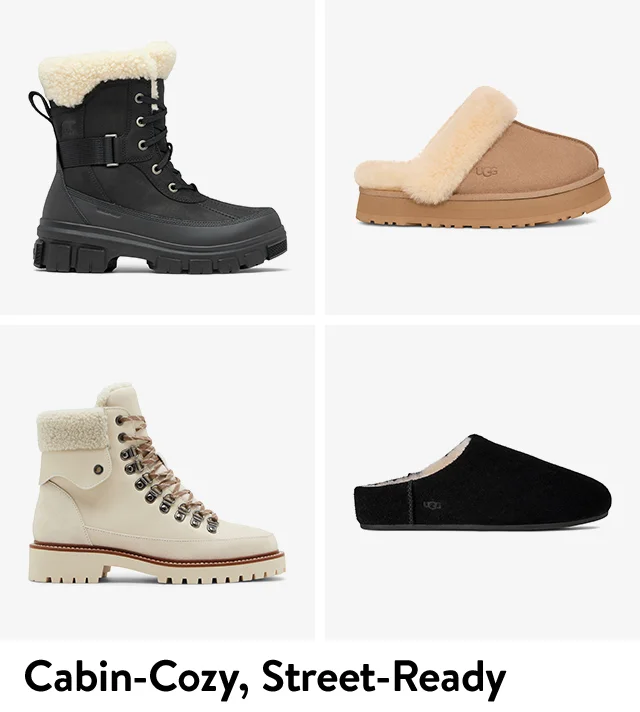 A black UGG slipper; a black, shearling-lined Sorel boot; a light beige Blondo boot with a faux-shearling cuff; a chestnut UGG slipper.