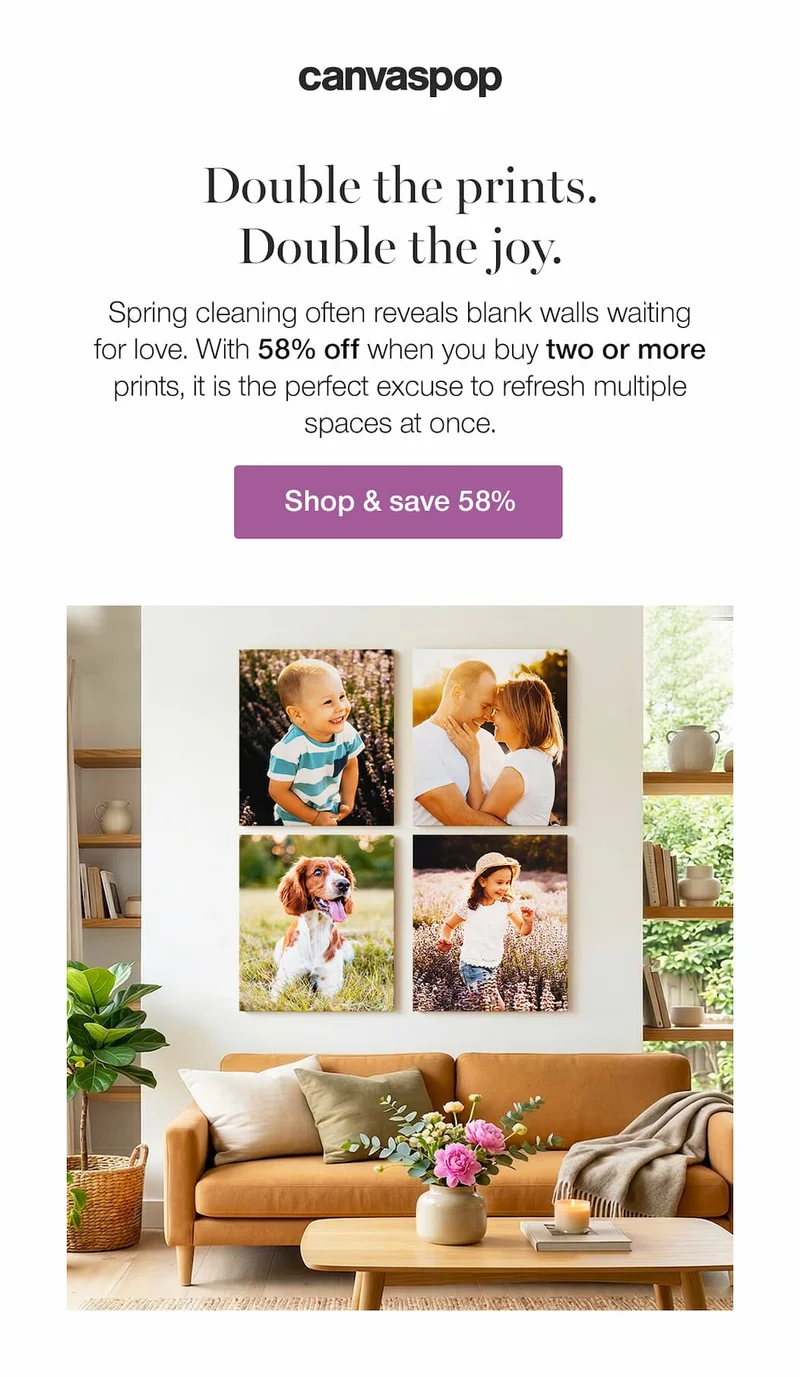 Double the Prints. Double the Joy. Spring cleaning often reveals blank walls waiting for love. With 58% off when you buy two or more prints, it is the perfect excuse to refresh multiple spaces at once.