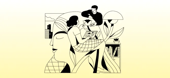An abstract drawing of two people working