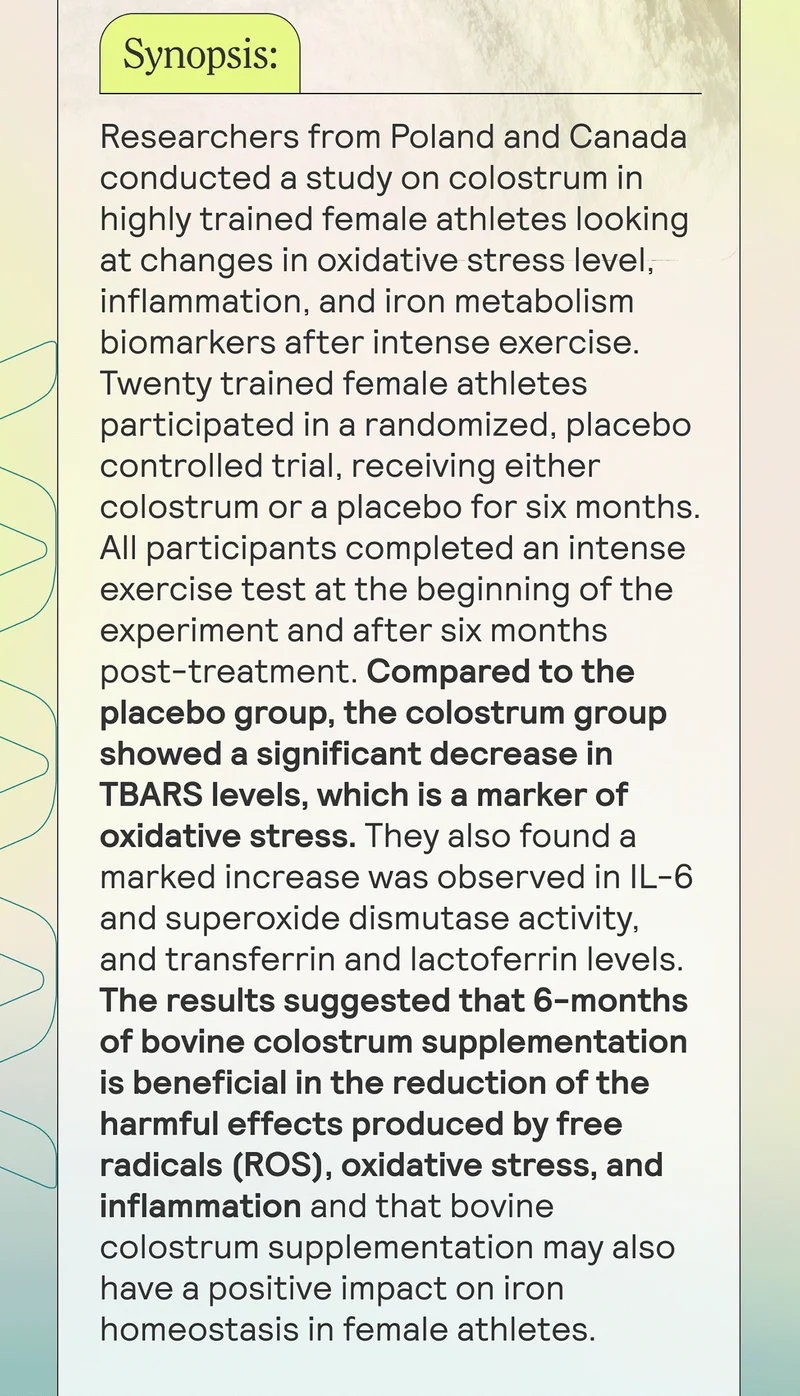Researchers from Poland and Canada conducted a study on colostrum in highly trained female athletes looking at changes in oxidative stress level, inflammation, and iron metabolism biomarkers after intense exercise. Twenty trained female athletes participated in a randomized, placebo controlled trial, receiving either colostrum or a placebo for six months. All participants completed an intense exercise test at the beginning of the experiment and after six months post-treatment. Compared to the placebo group, the colostrum group showed a significant decrease in TBARS levels, which is a marker of oxidative stress. They also found a marked increase was observed in IL-6 and superoxide dismutase activity, and transferrin and lactoferrin levels. The results suggested that 6-months of bovine colostrum supplementation is beneficial in the reduction of the harmful effects produced by free radicals (ROS), oxidative stress, and inflammation and that bovine colostrum supplementation may also have a positive impact on iron homeostasis in female athletes.