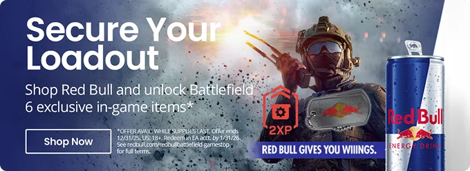 Secure Your Loadout | Shop Red Bull and unlock Battlefield 6 exclusive in-game items* | Shop Now