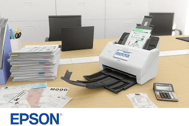 An Epson® RapidReceipt® RR-600W Scanner on a desk surrounded by receipts.