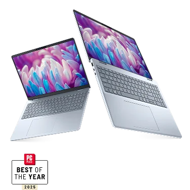 Two Dell 16 Plus Laptop computers and a PCMag 2025 Best of the Year logo.