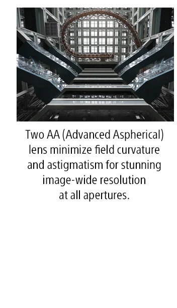 Two AA (Advanced Aspherical) lens minimize field curvature and astigmatism for stunning image-wide resolution at all apertures.