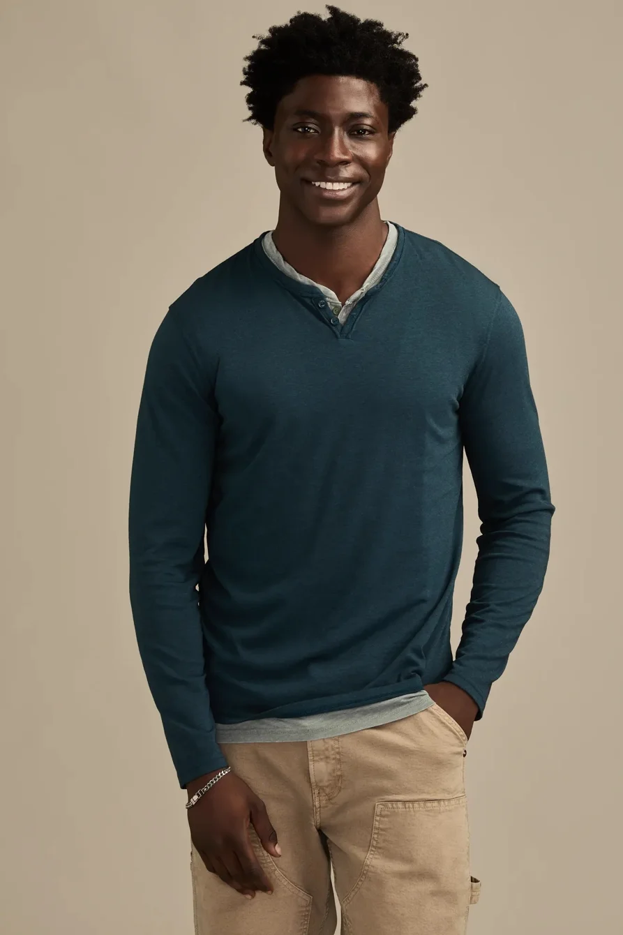 Image of Lucky Brand Venice Burnout Notch Neck Long Sleeve - Men's Clothing Tops Tees Shirts in Jet Black