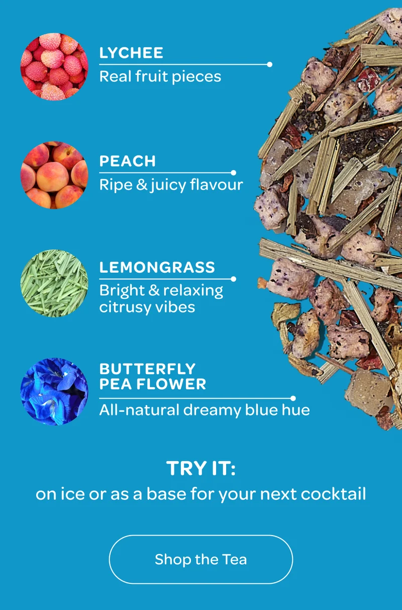 Lychee, Peach, Lemongrass, Butterfly pea flower, Try it: on ice or as a base for your next cocktail - Shop the tea