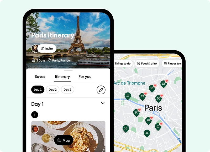 Image Description: Two phone screens with a three-day itinerary for Paris. The first screen includes an itinerary titled “Paris itinerary” with a picture of the Eiffel Tower and a photo of a pasta dish under “Day 1.” The second phone screen shows a map of Paris with geo pins of restaurants, experiences, and hotels.