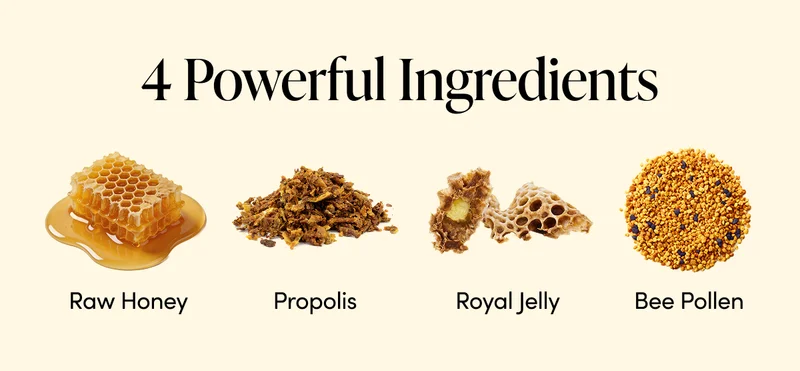 4 Powerful Ingredients  Raw Honey   Propolis Bee Pollen Royal Jelly