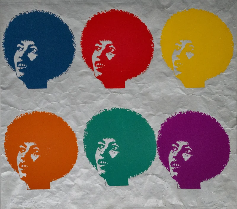 A print featuring six images of a person’s head in various colors