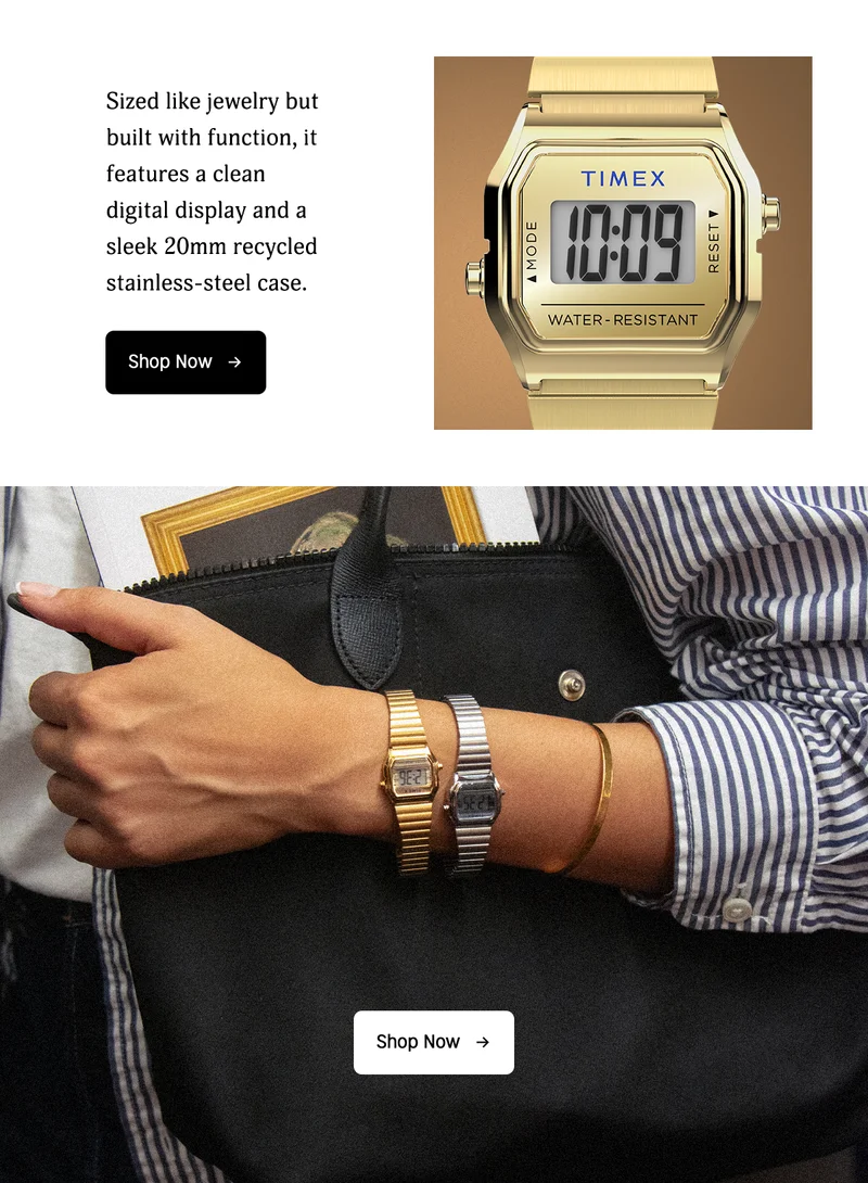 sized like jewelry but built with function, it features a clean digital display and a sleek 20mm recycled stainless-steel case. | shop now