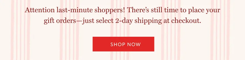 Attention last-minute shoppers! There’s still time to place your gift orders—just select 2-day shipping at checkout. | SHOP NOW