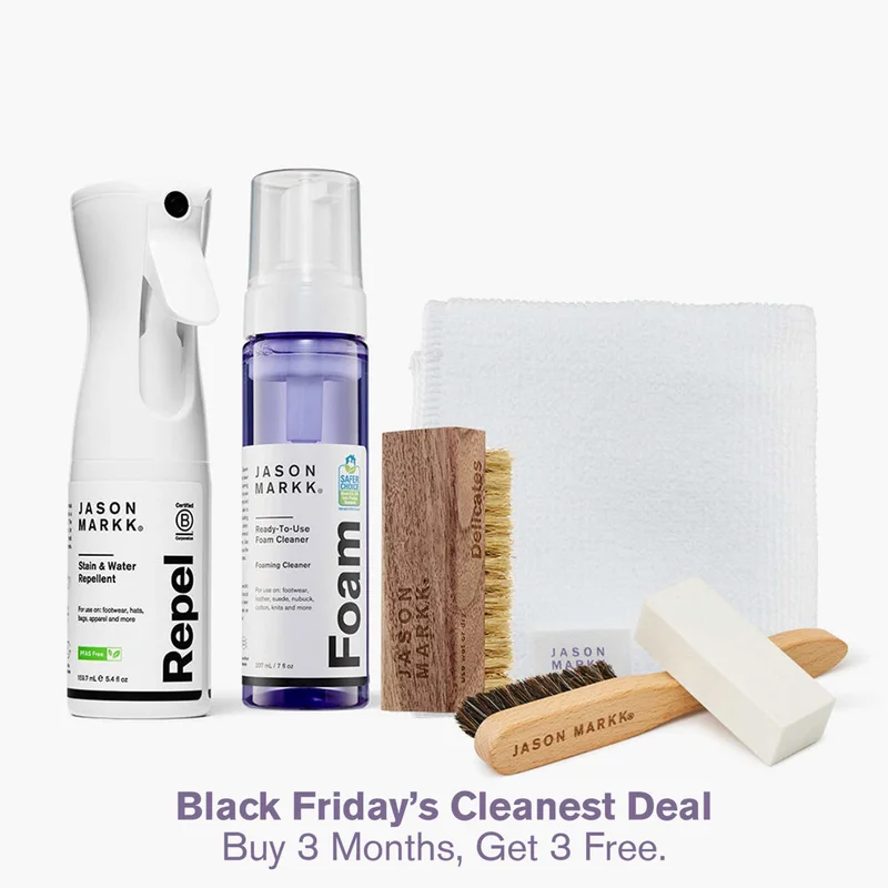 The Suede Care Bundle is designed to clean and protect suede and nubuck without compromising texture. Our Premium Deep Cleaning Solution effectively lifts dirt and stains, while the Delicates Cleaning Brush safely scrubs without damaging delicate materials. Finish with Repel, a breathable barrier that helps guard against water and stains. Keep your suede looking fresh and feeling soft with this bundle. Free Domestic Shipping RTU FOAM 7 fl. oz & Ready-To-Use Activated Solution that's safe on all materials Great on suede and nubuck PREMIUM SHOE CLEANING BRUSH Softer hog bristle Heat-stamped Jason Markk logo on handle Ideal on delicate materials such as premium leather, suede or cotton mesh MICRO FIBER TOWEL 12