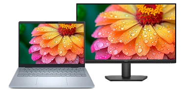 A Dell 14 Plus Laptop computer next to a Dell 24 Monitor.