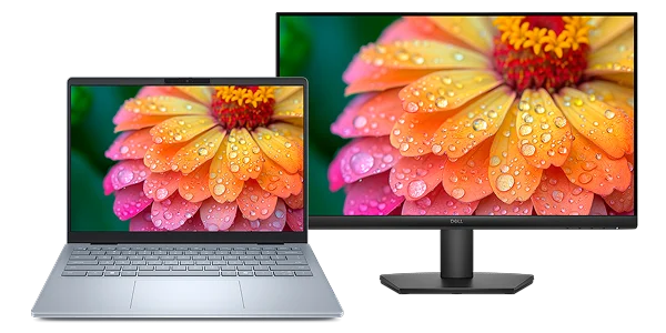 A Dell 14 Plus Laptop computer next to a Dell 24 Monitor.