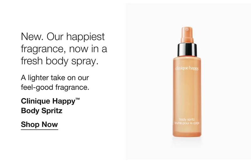 New. Our happiest fragrance, now in a fresh body spray. | A lighter take on our feel-good fragrance. |Clinique Happy™ Body Spritz | Shop Now