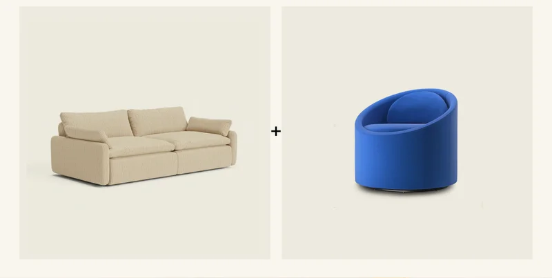 Save 35% when you bundle The Sink Down Sectional in Boucle Oatmeal & The Gere Easy Chair in Cerulean
