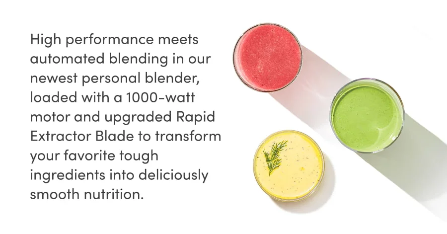 Top-down view of three vibrant smoothies placed on a white surface. The drinks are red, green, and yellow in color, each in a round glass casting long shadows. The yellow smoothie is garnished with a small herb sprig, while the other two are smooth and plain.