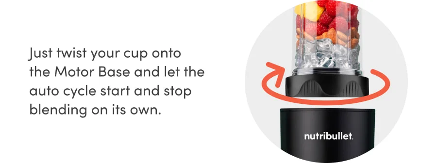 The image shows a transparent blender cup filled with strawberries, nuts, and ice being twisted onto the black base of a nutribullet blender. A red arrow curves around the cup’s base, emphasizing the motion of securing the cup to the blender for use.