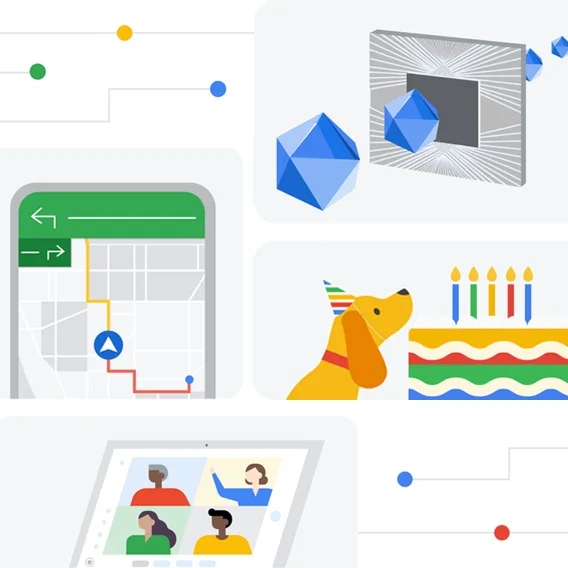 Illustration of a Pixel phone showing Google Maps, a Pixel tablet showing a Google Meet call, a dog next to a birthday cake, and more in a collage.