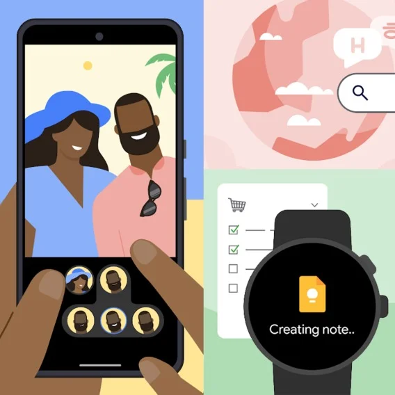 An illustrated image of various Google Products, like a Pixel phone, a Google Pixel Watch, and an abstract representation of Google Search.