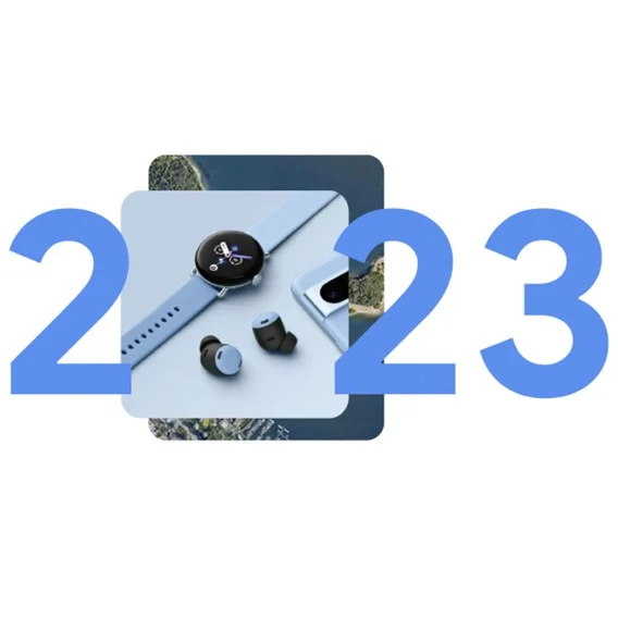 The numbers “2023,” but the zero is substituted for an image of a Google Pixel Watch 2 and Pixel Buds Pro.