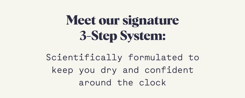 Meet our signature 3-Step System:  Scientifically formulated to keep you dry and confident around the clock