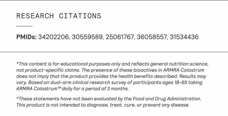 Research citations list with PubMed IDs: 34202206, 30559589, 25061767, 36058557, 31534436. Disclaimer notes content is for educational purposes, results may vary, and statements are not evaluated by the FDA.