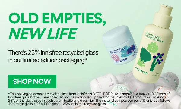 OLD EMPTIES, NEW LIFE. Limited recycled packaging of our Green Tea Cream and Serum