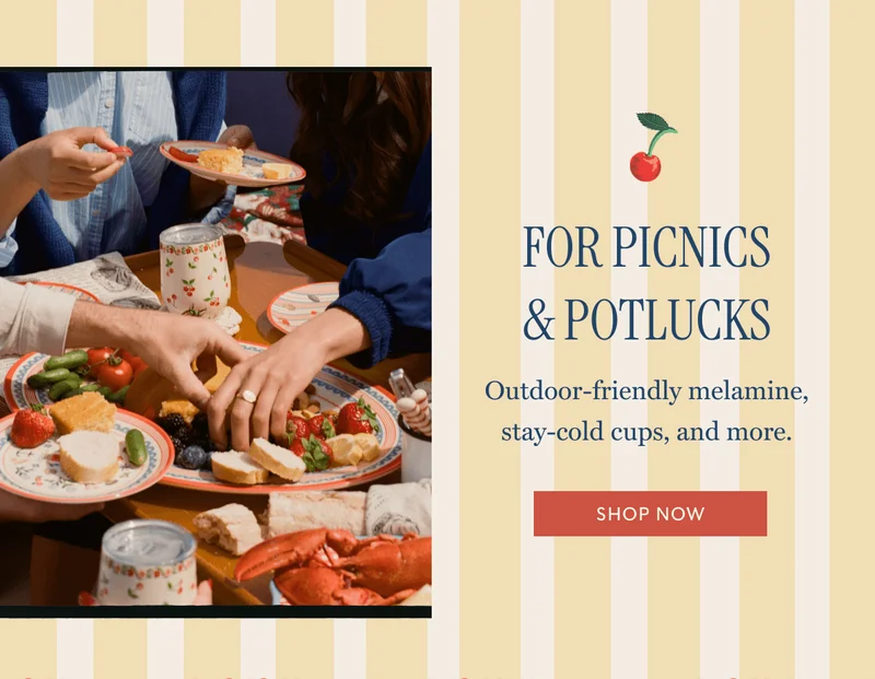 FOR PICNICS & POTLUCKS - Outdoor-friendly melamine, stay-cold cups, and more. | SHOP NOW