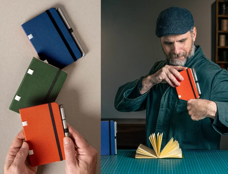 diptych of colorful pocket journals and bookmaker Ido Agassi