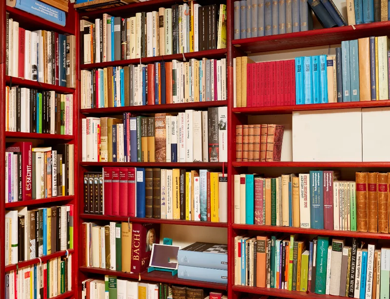 a red bookshelf filled with colorful books