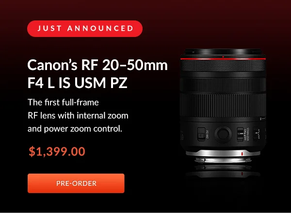 Canon’s RF 20–50mm F4 L IS USM PZ — the first full‑frame RF lens with internal zoom and power zoom control.