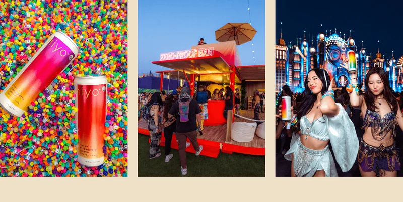 cans of hiyo on top of kandi beads. the leveled-up hiyo house 2.0 at edc festival. two girls dancing and feeling the float at edc festival.