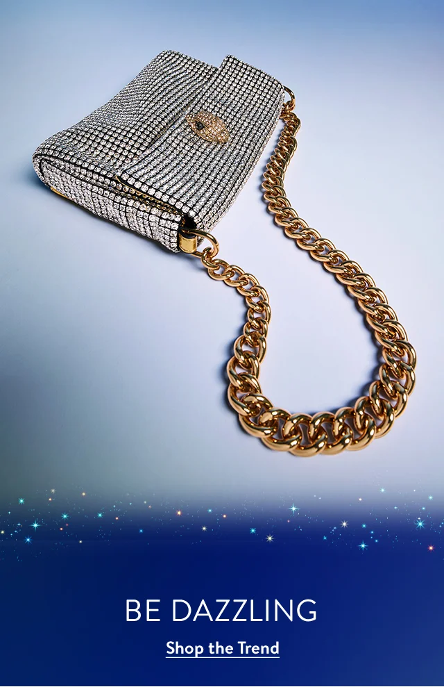 A crystal-studded bag with a gold chain.