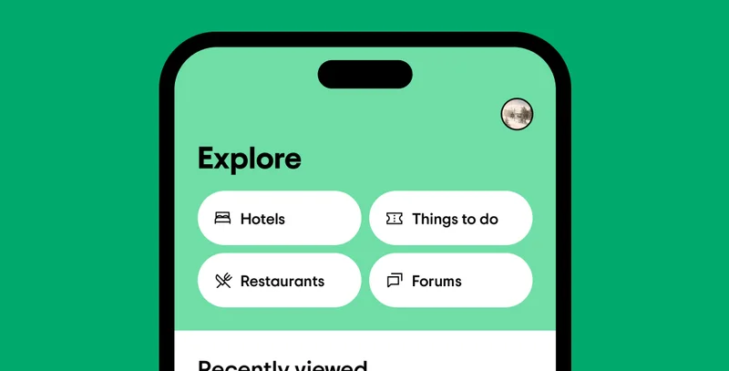 Image description: Graphic view of a phone screen with explore at the top and icons for hotels, things to do, restaurants, and forums.