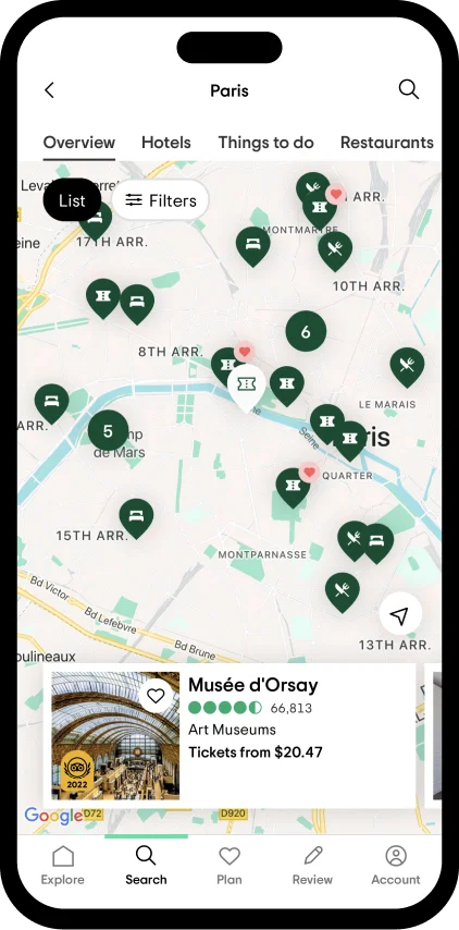 Image description: Graphic view of a phone screen with a map showing one point of interest and pins dropped throughout.