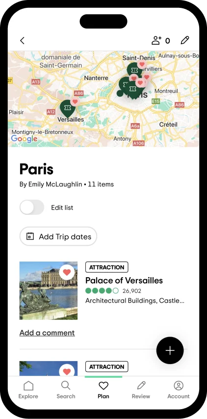 Image description: Graphic view of a phone screen with a map, and itinerary with saved items.