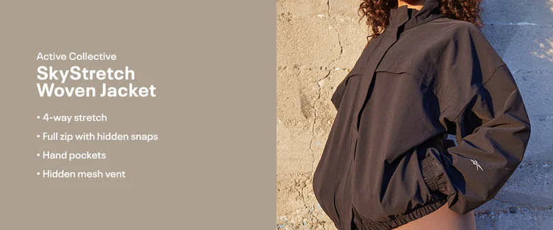 Active Collective SkyStretch Woven Jacket | 4-way stretch, full zip with hidden snaps, hand pockets, hidden mesh vent