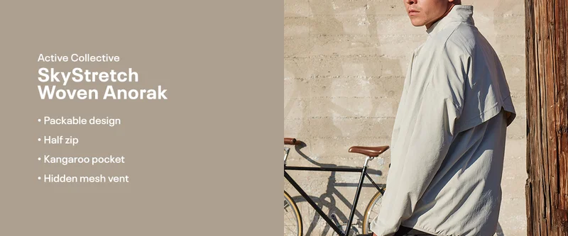 Active Collective SkyStretch Woven Anorak | Packable design, half zip, kangaroo pocket, hidden mesh vent