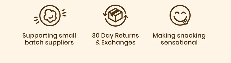 supporting small batch suppliers / 30 day returns & exchanges / making snacking sensational
