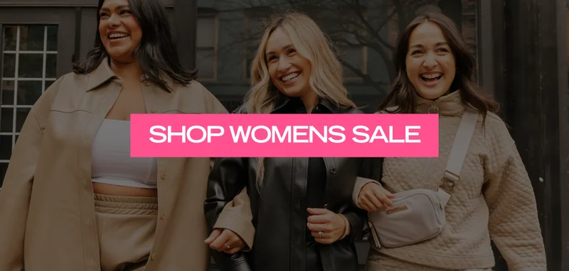 women wearing leather shirts with text SHOP WOMENS SALE