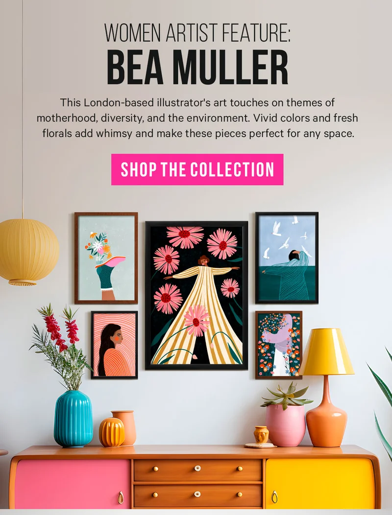 Women Artist Feature: Bea Muller. This London-based illustrator's art touches on themes of motherhood, diversity, and the environment. Vivid colors and fresh florals add whimsy and make these pieces perfect for any space.