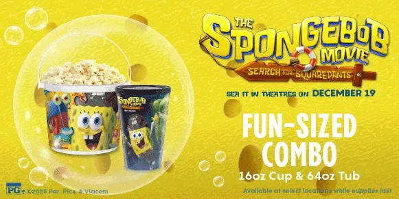 THE SPONGEBOB MOVIE: SEARCH FOR SQUAREPANTS | SEE IT IN THEATRES ON DECEMBER 19 | TREASURE CHEST POPCORN BUCKET | FLEECE BLANKET | PLUSH | FUN-SIZED COMBO | 22oz CUP