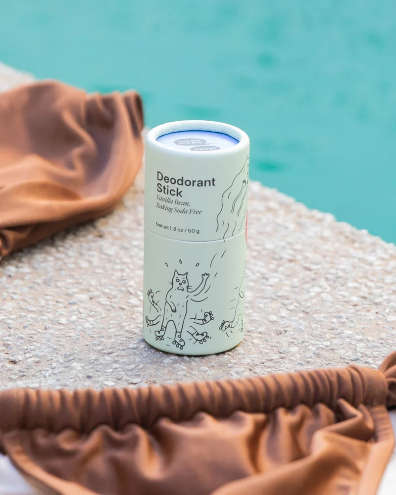 A light blue tube sits poolside
