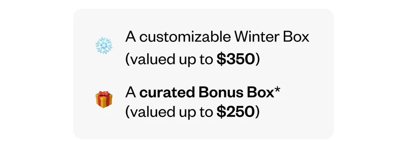 A customizable Winter Box (valued up to $350) | A curated Bonus Box (valued up to $250)
